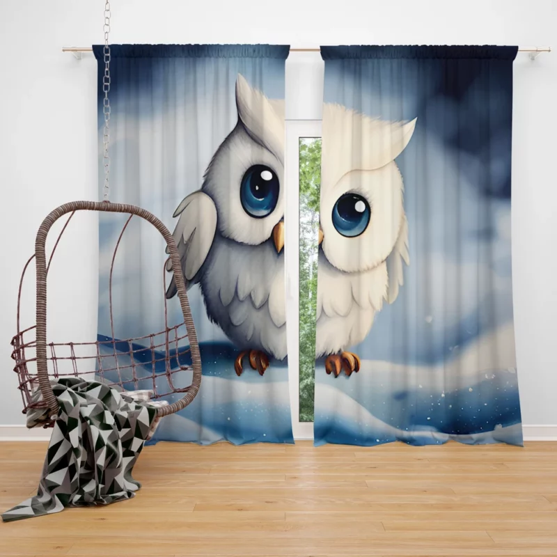 Blue Eyed Snowy Owl on Snow Window Curtain