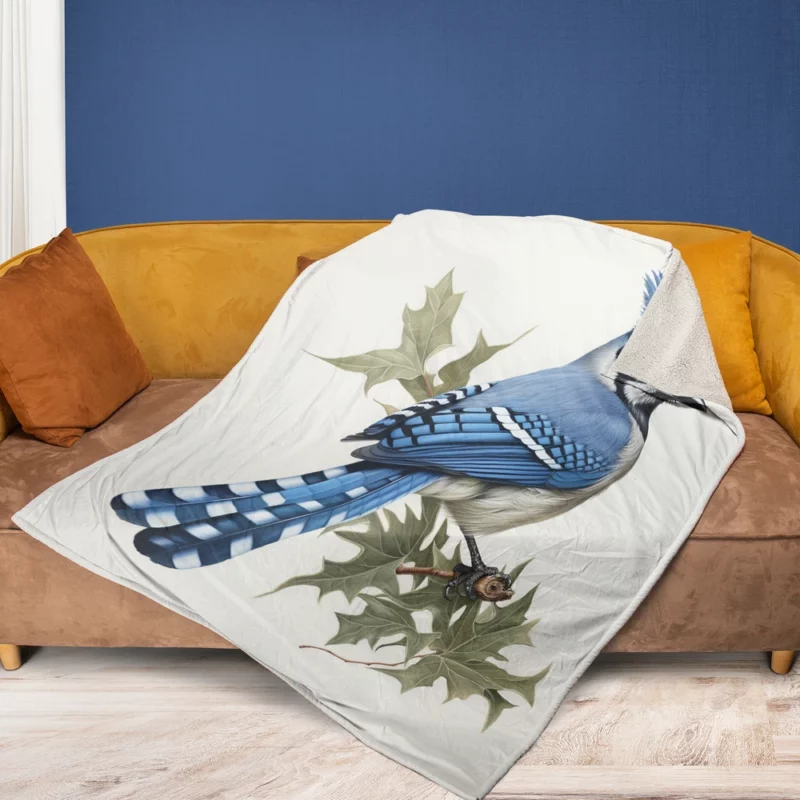 Blue Jay Sitting on Branch Fleece Blanket 1