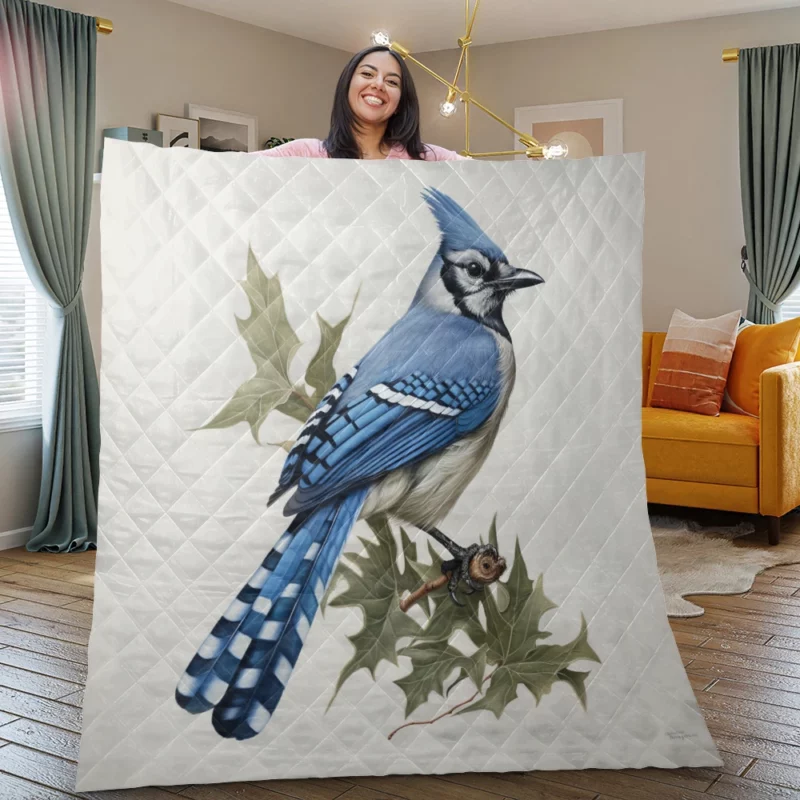 Blue Jay Sitting on Branch Quilt Blanket