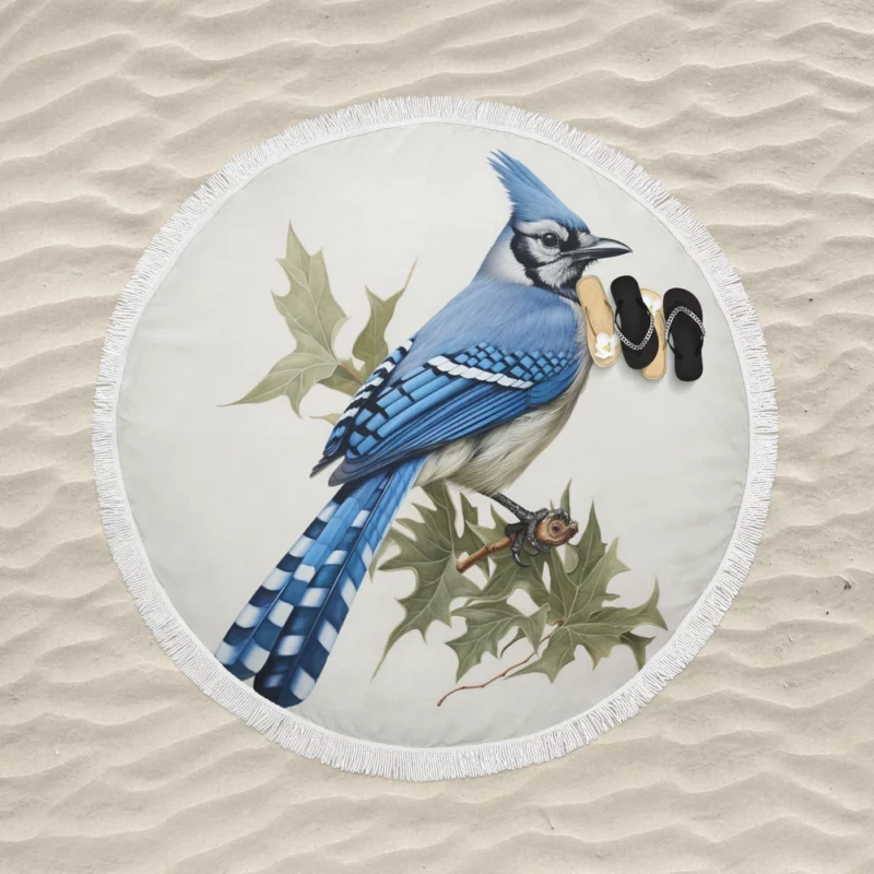 Blue Jay Sitting on Branch Round Beach Towel