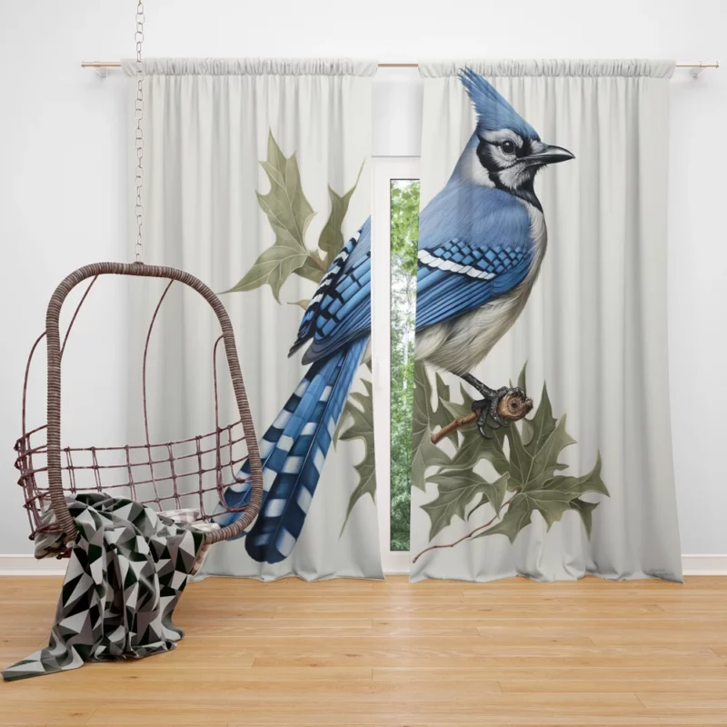 Blue Jay Sitting on Branch Window Curtain