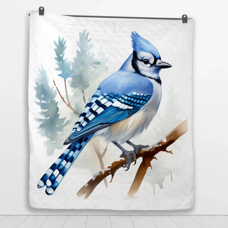 Blue Jay on Branch AI Art Quilt Blanket 1