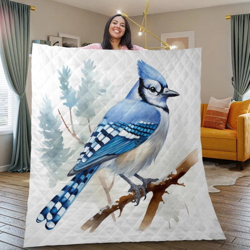 Blue Jay on Branch AI Art Quilt Blanket