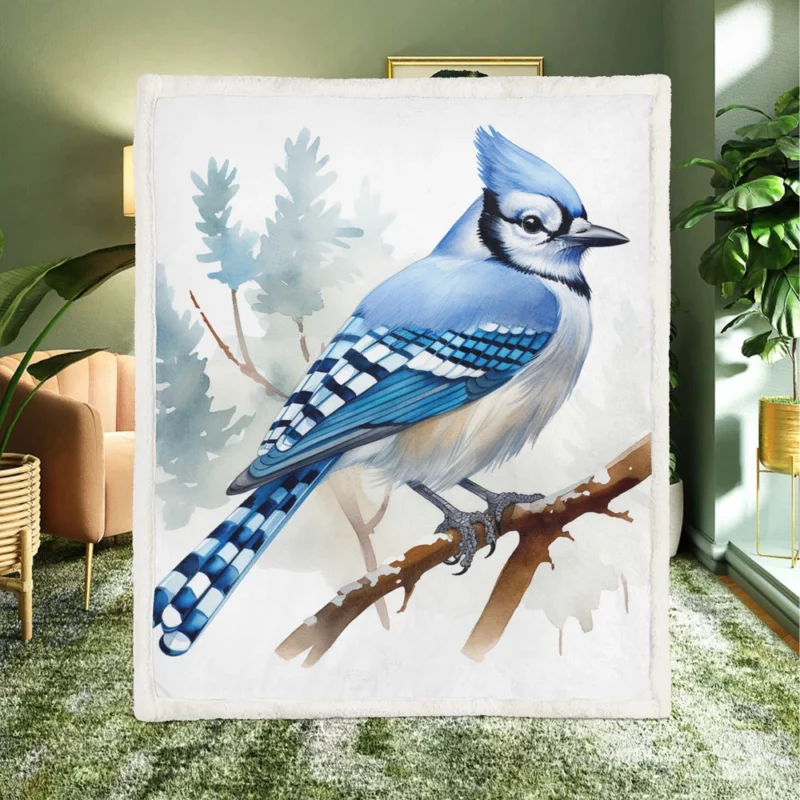 Blue Jay on Branch AI Art Sherpa Fleece Blanket