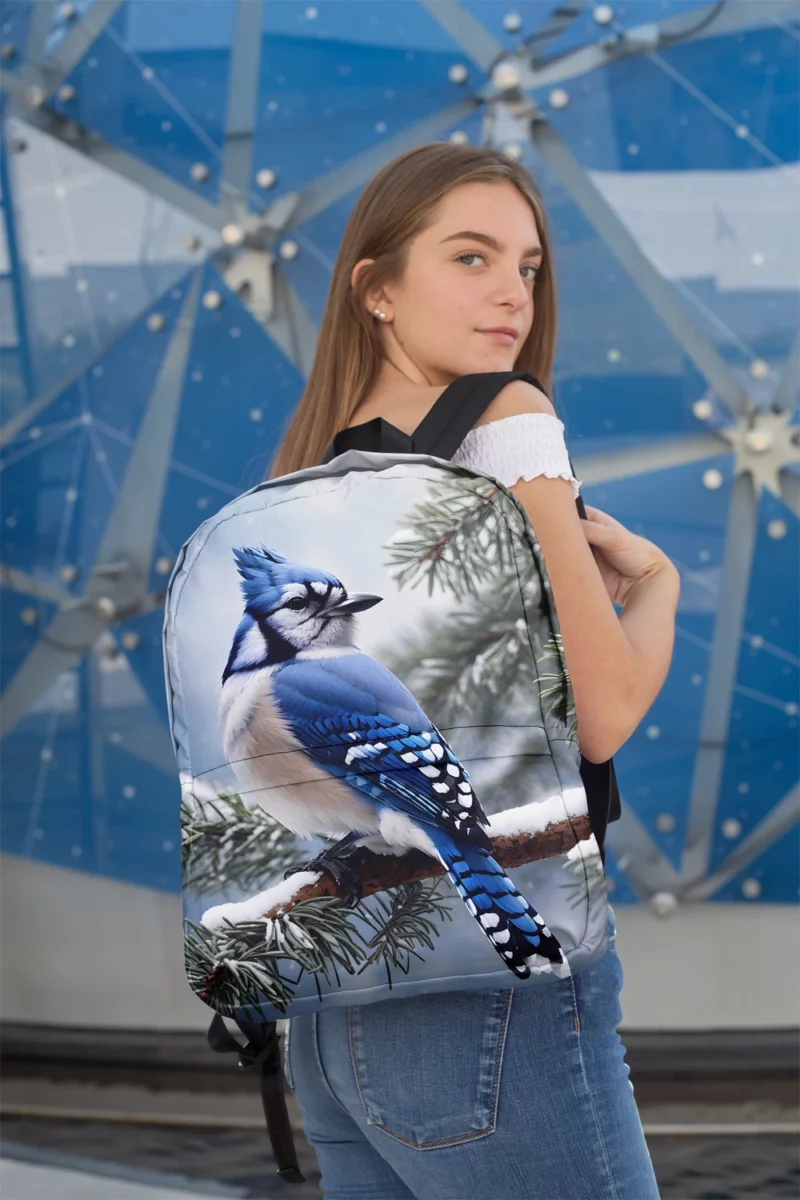 Blue Jay on Snowy Pine Branch Minimalist Backpack 2