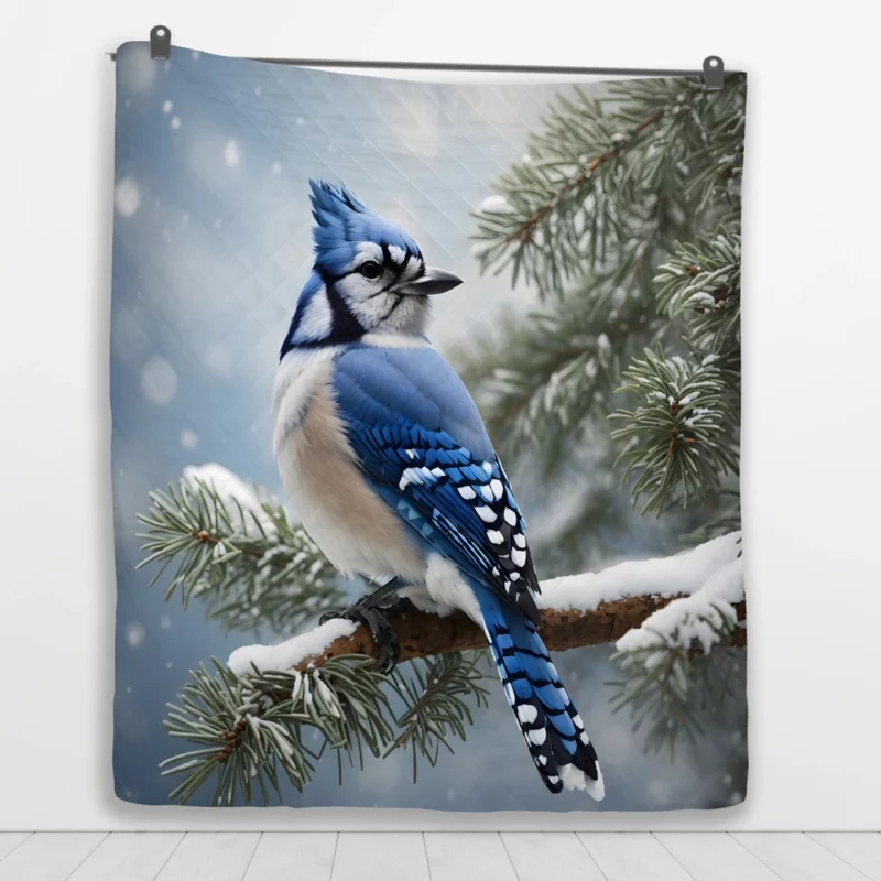 Blue Jay on Snowy Pine Branch Quilt Blanket 1
