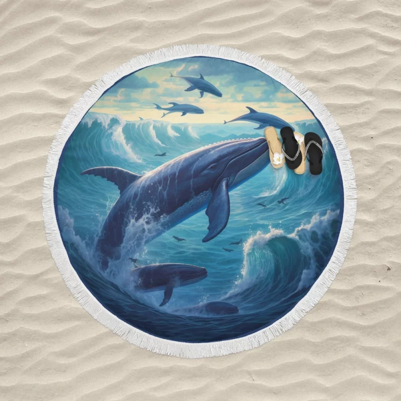 Blue Whale Painting Round Beach Towel