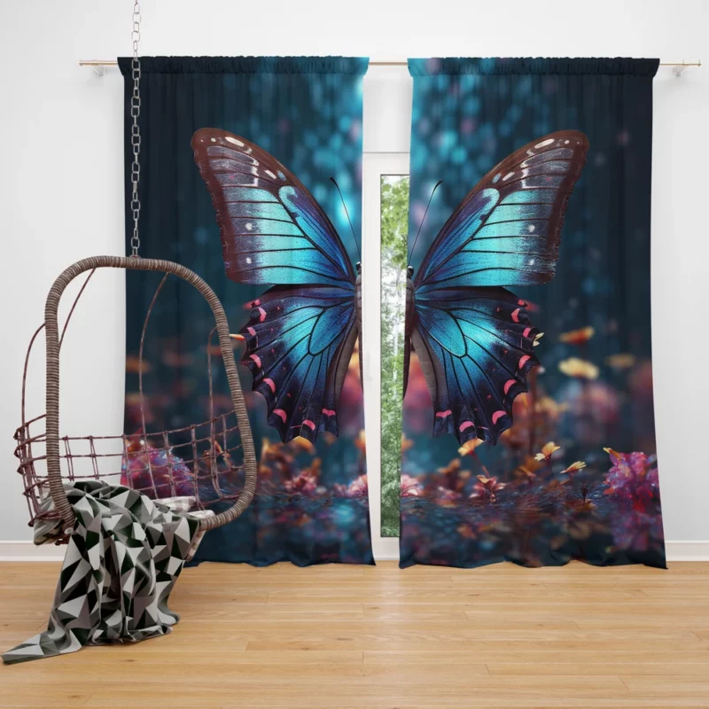 Blue Winged Butterfly Portrait Window Curtain