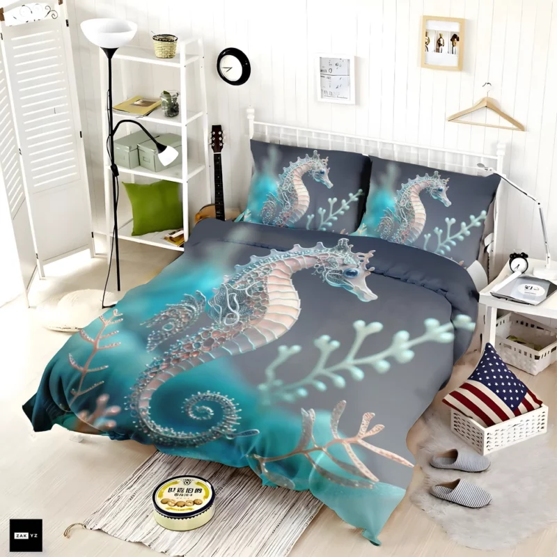 Blue and White Seahorse Bedding Set