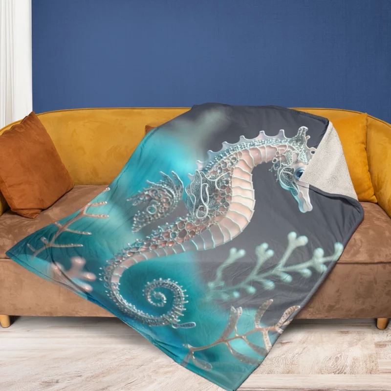 Blue and White Seahorse Fleece Blanket 1