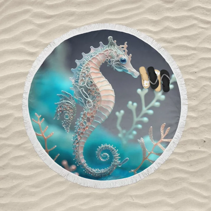 Blue and White Seahorse Round Beach Towel