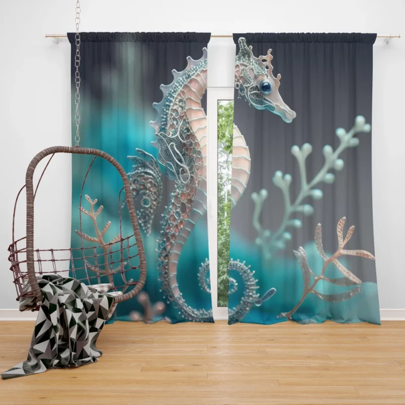 Blue and White Seahorse Window Curtain