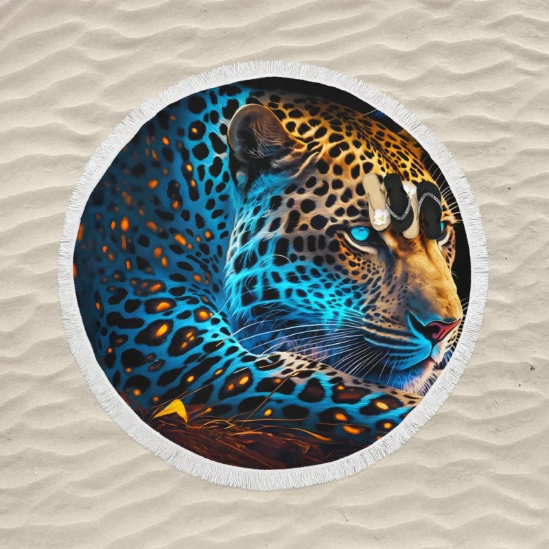 Blue and Yellow Leopard Artwork Round Beach Towel