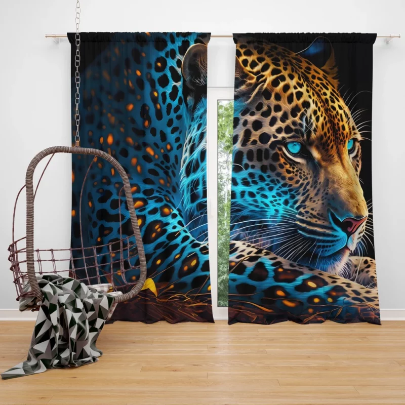 Blue and Yellow Leopard Artwork Window Curtain