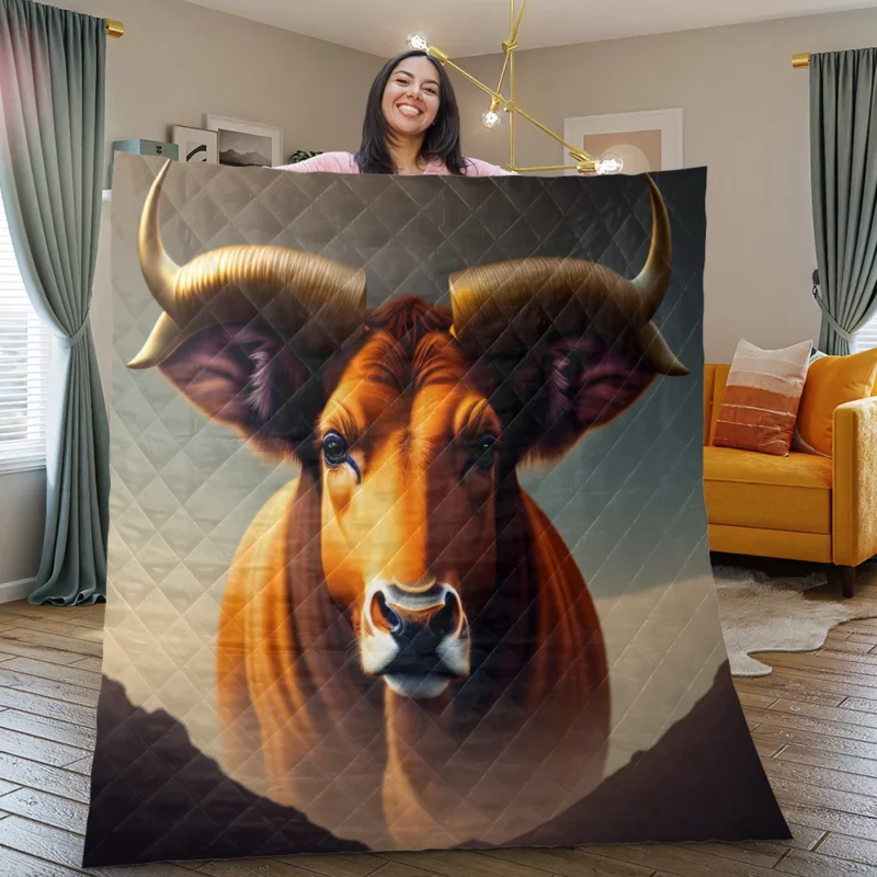 Bull Facing a Mountain Quilt Blanket