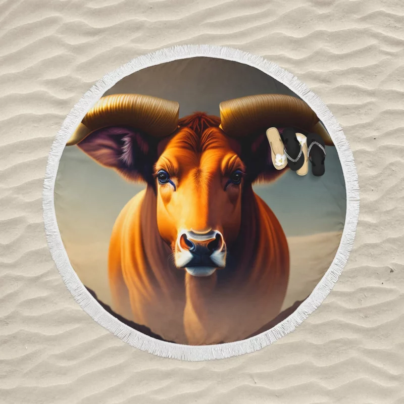 Bull Facing a Mountain Round Beach Towel