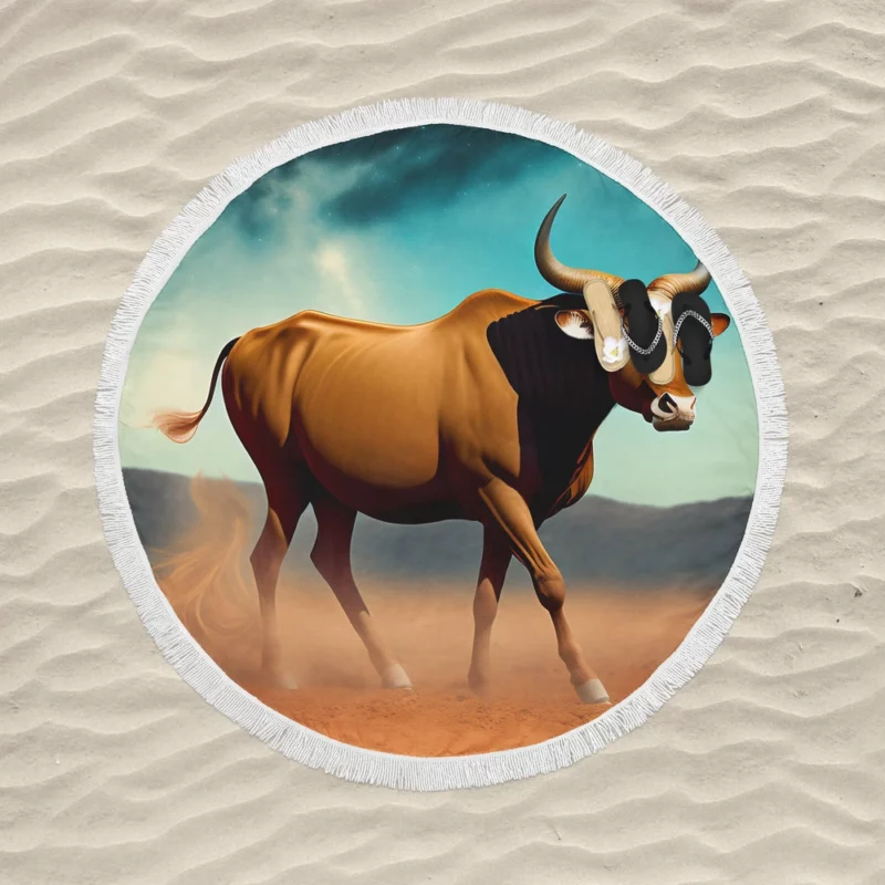 Bull Under Cloudy Sky Painting Round Beach Towel