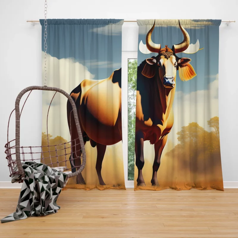 Bull With Ear Tag Painting Window Curtain