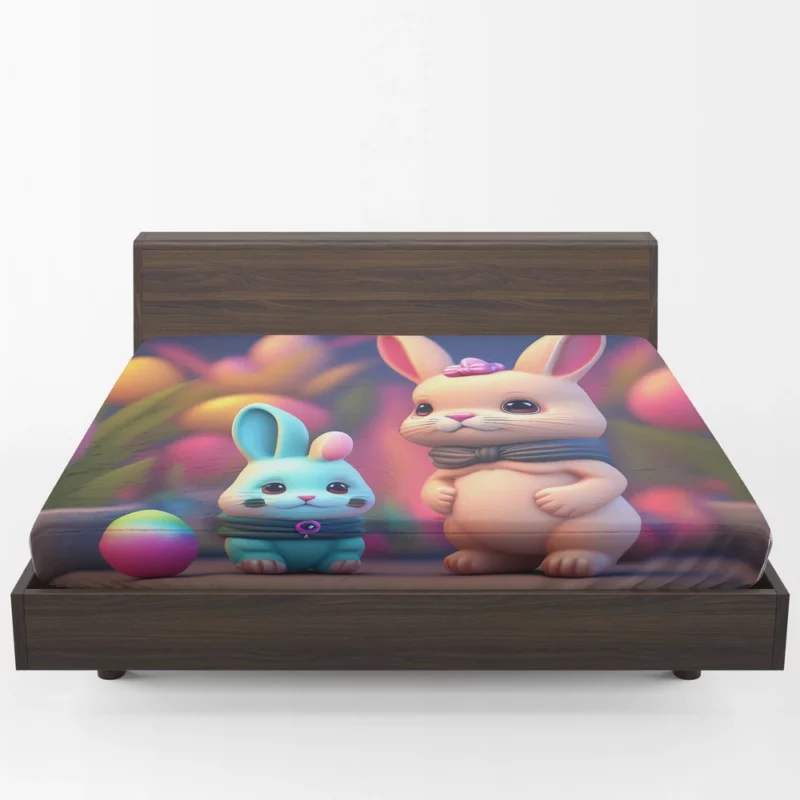 Bunnies With Colorful Easter Eggs Fitted Sheet 1