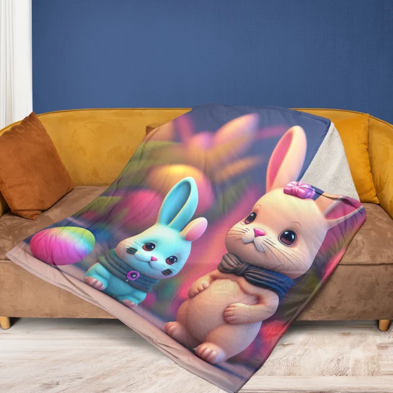 Bunnies With Colorful Easter Eggs Fleece Blanket 1