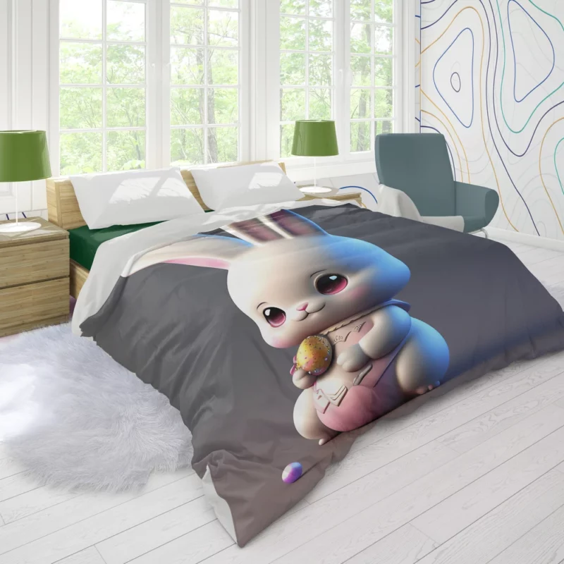 Bunny in Bow on Grey Background Duvet Cover