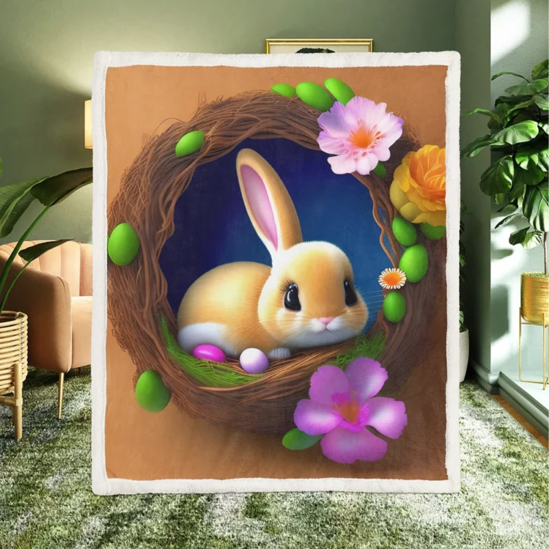 Bunny in Flower Nest Sherpa Fleece Blanket