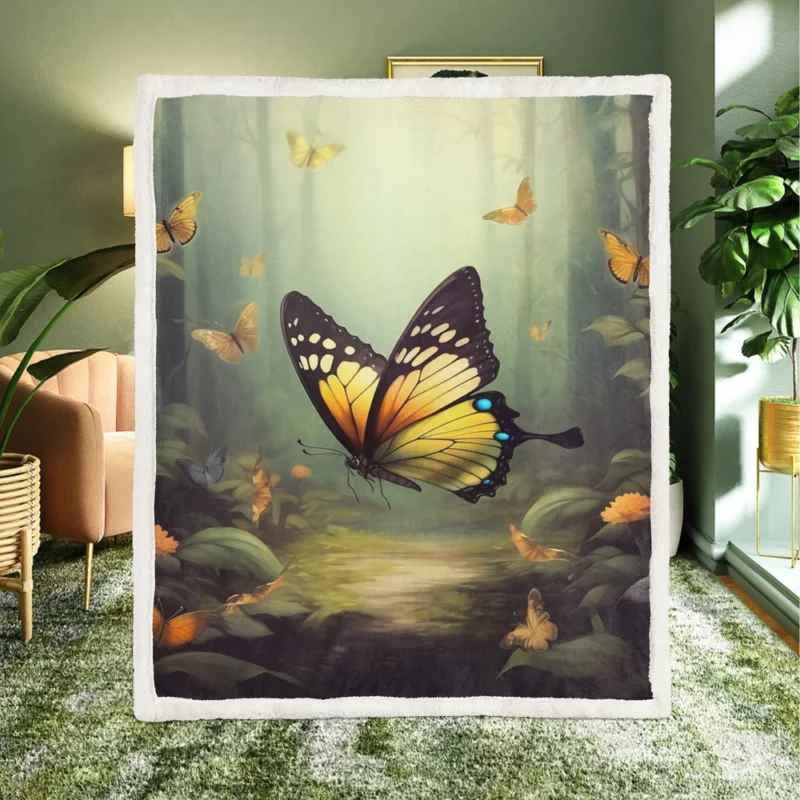 Butterflies in Forest Sunlight Sherpa Fleece Blanket