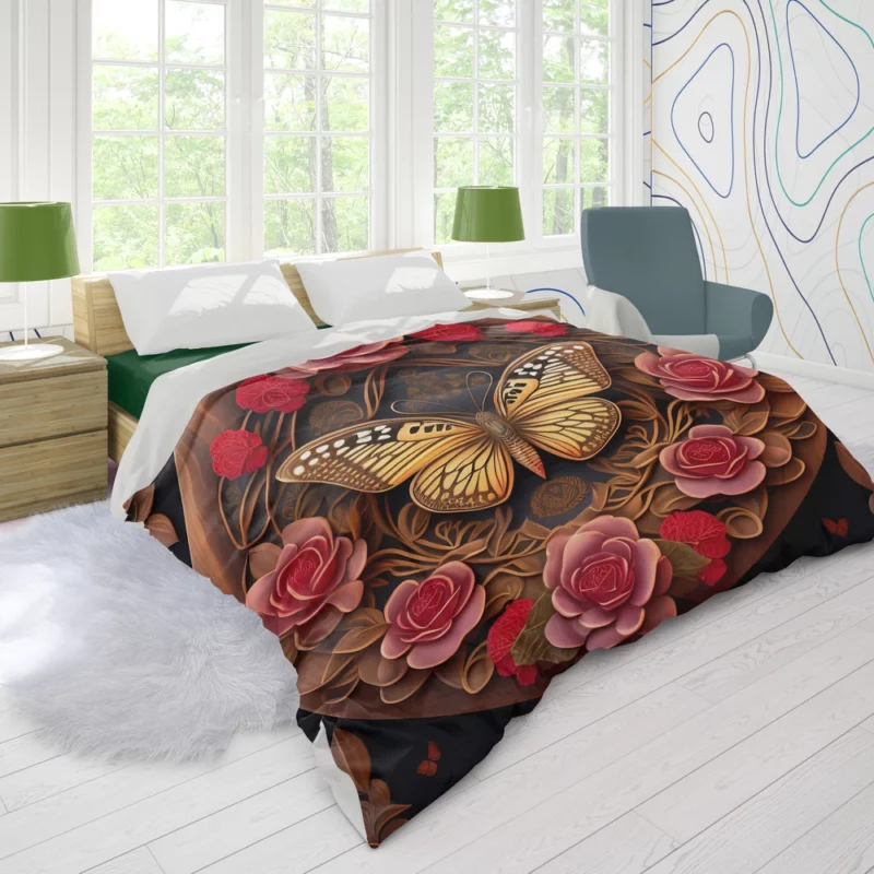 Butterfly With Red Roses Artwork Duvet Cover