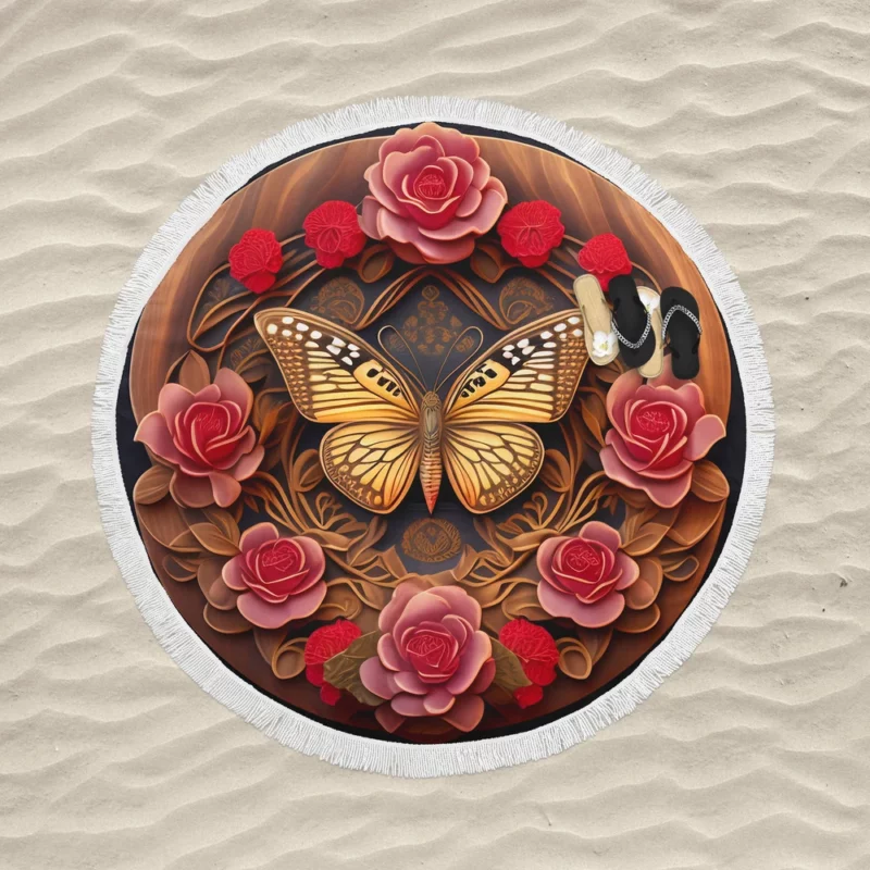 Butterfly With Red Roses Artwork Round Beach Towel