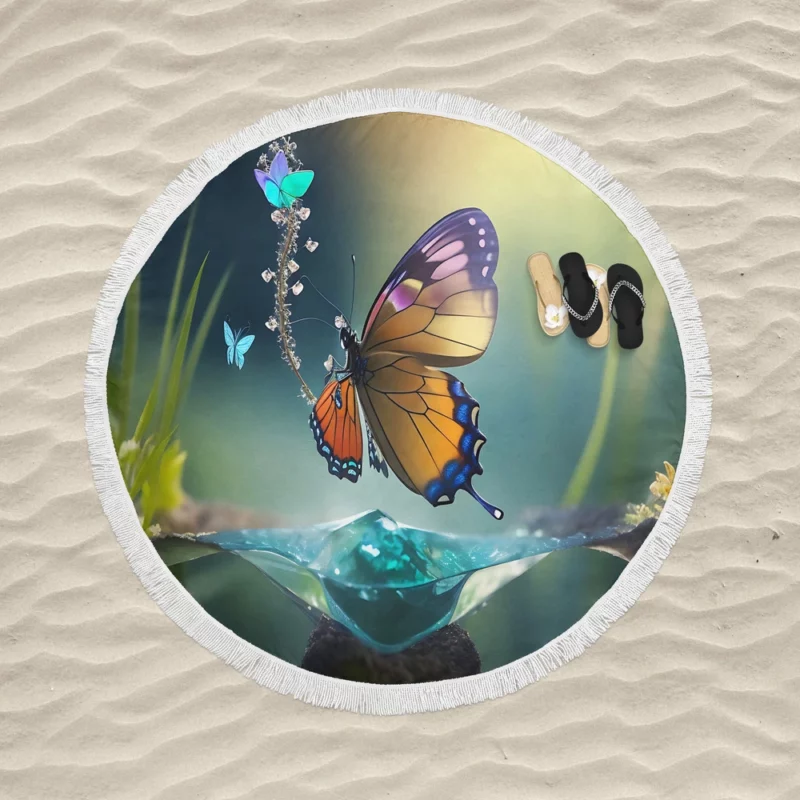 Butterfly in Ecosystem AI Art Round Beach Towel