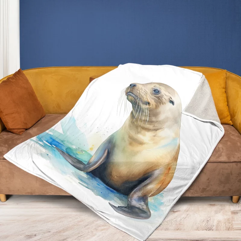 California Sea Lion Painting Fleece Blanket 1