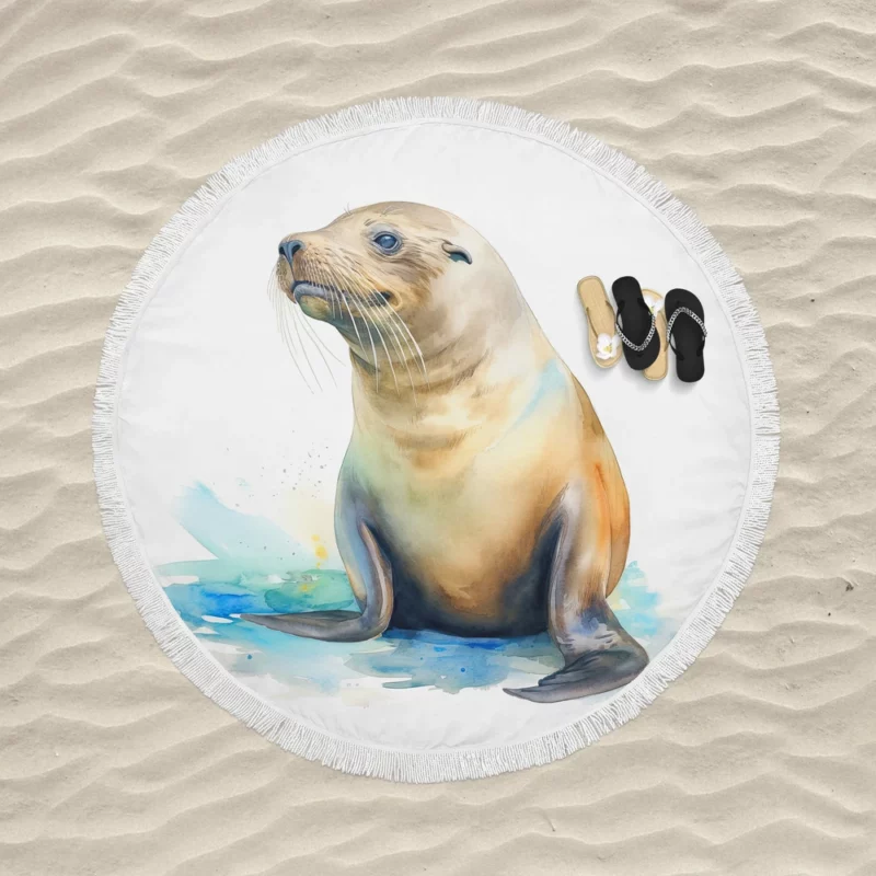 California Sea Lion Painting Round Beach Towel