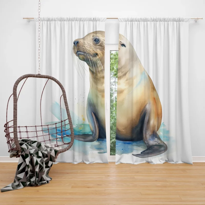 California Sea Lion Painting Window Curtain