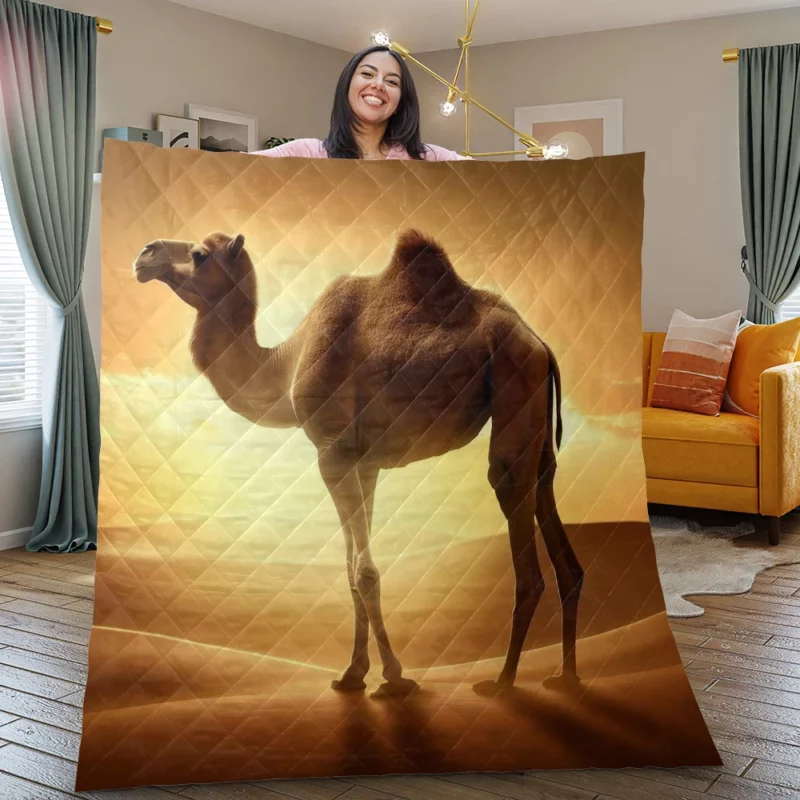 Camel in Desert Sunset Quilt Blanket