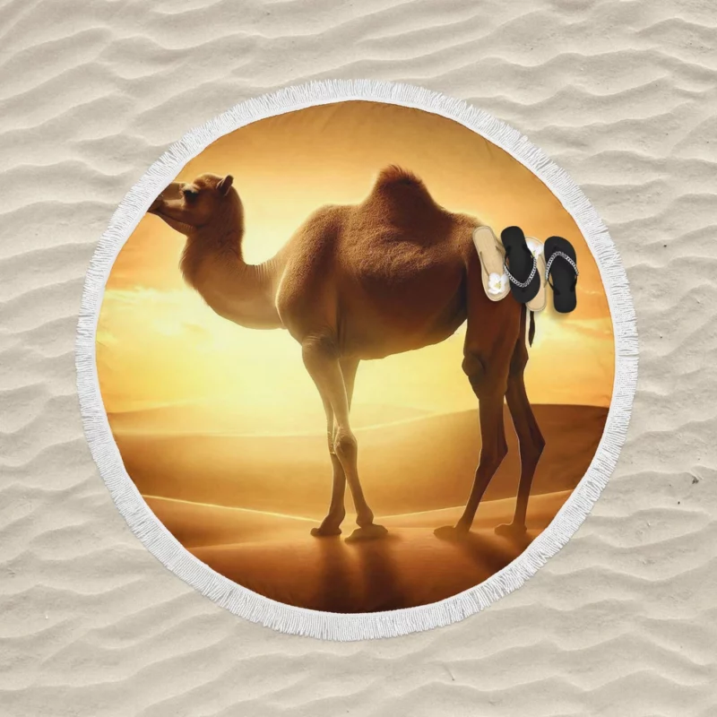 Camel in Desert Sunset Round Beach Towel