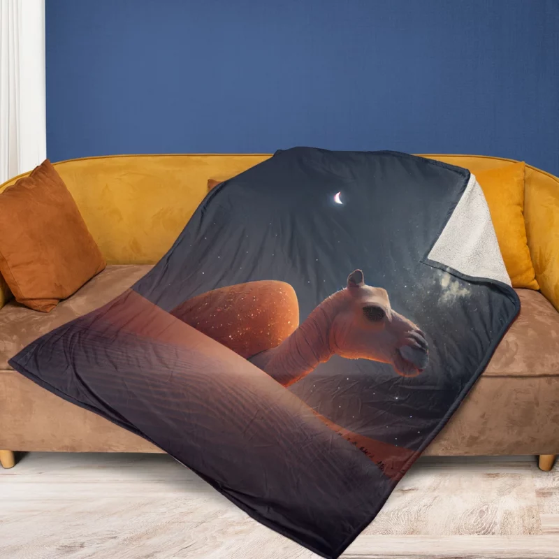 Camel in Desert at Night Fleece Blanket 1