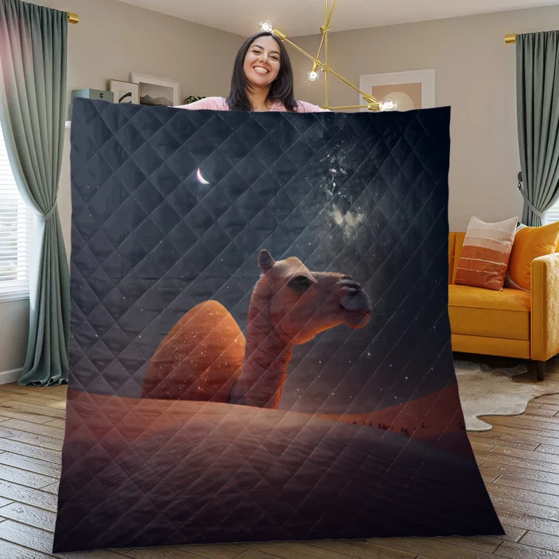 Camel in Desert at Night Quilt Blanket