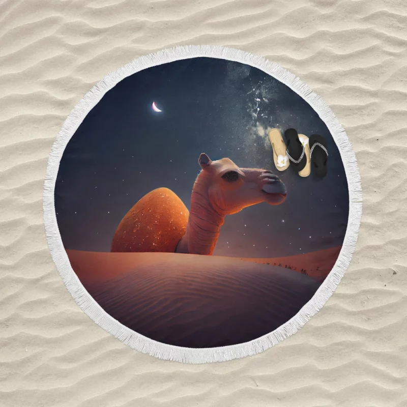 Camel in Desert at Night Round Beach Towel