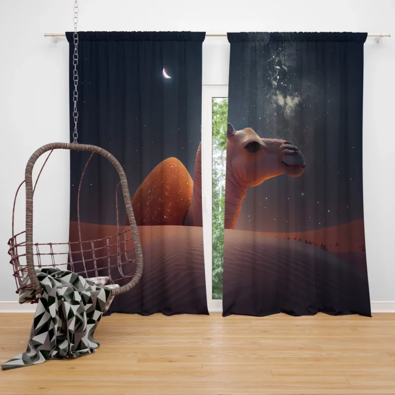 Camel in Desert at Night Window Curtain