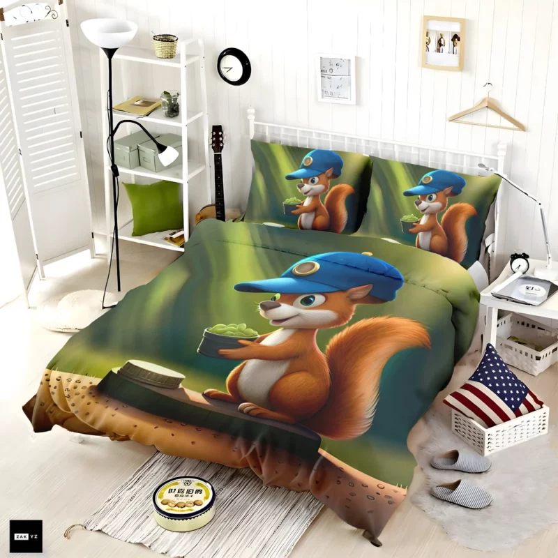 Cap-Wearing Squirrel in Cartoon Style Bedding Set