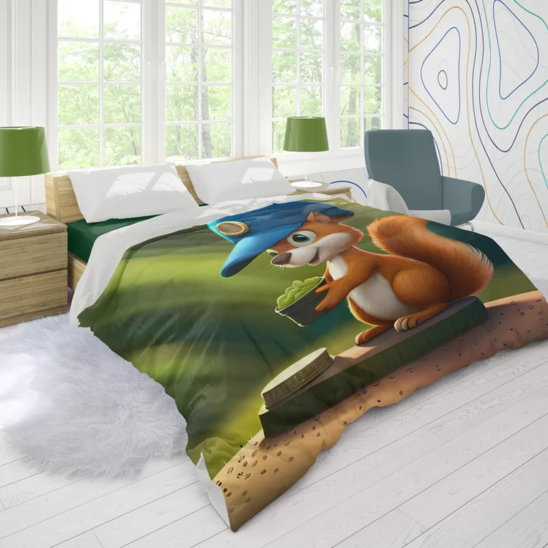 Cap-Wearing Squirrel in Cartoon Style Duvet Cover