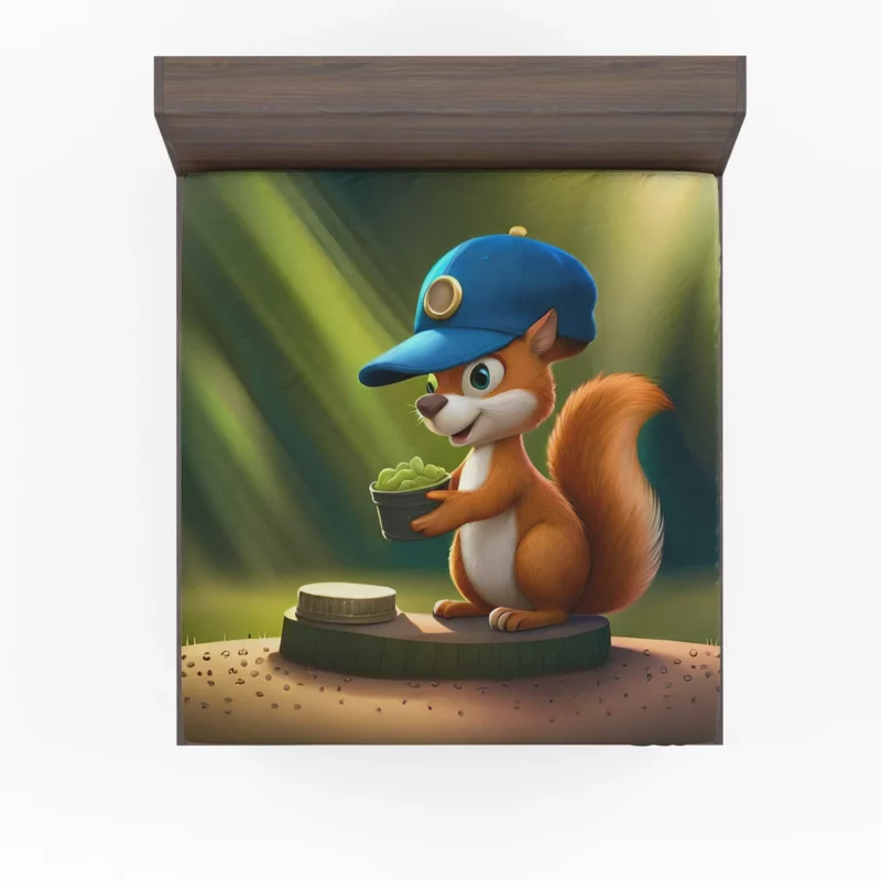 Cap-Wearing Squirrel in Cartoon Style Fitted Sheet