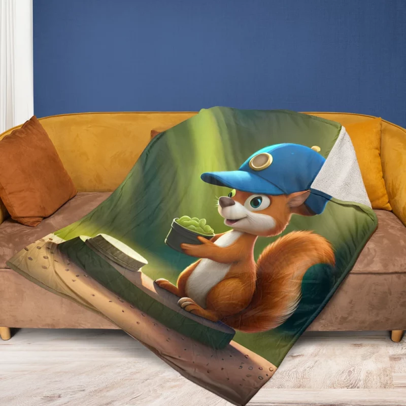 Cap-Wearing Squirrel in Cartoon Style Fleece Blanket 1