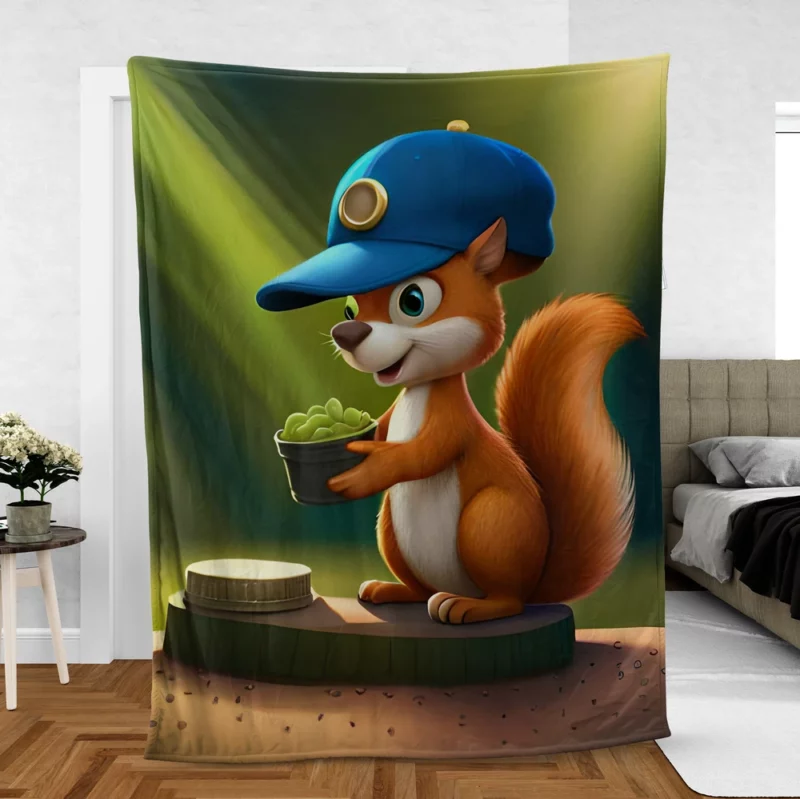 Cap-Wearing Squirrel in Cartoon Style Fleece Blanket