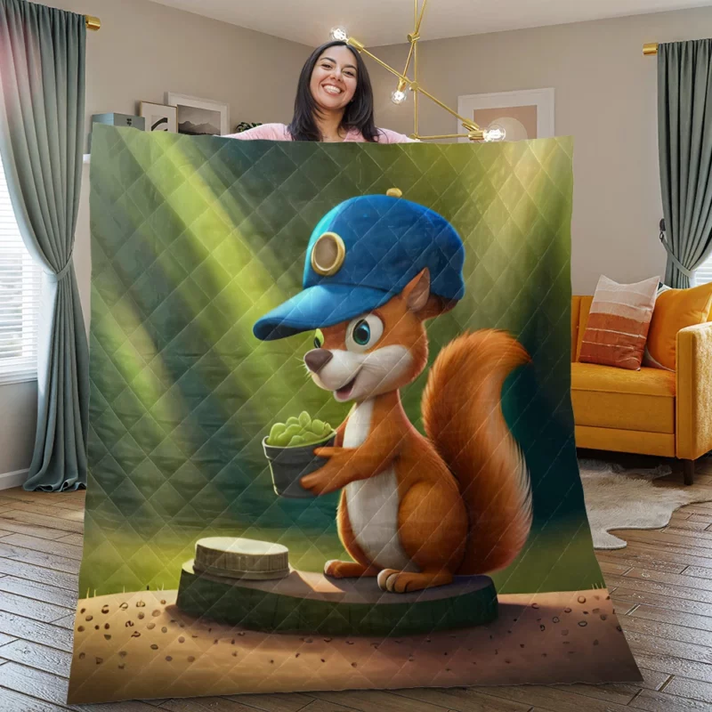 Cap-Wearing Squirrel in Cartoon Style Quilt Blanket