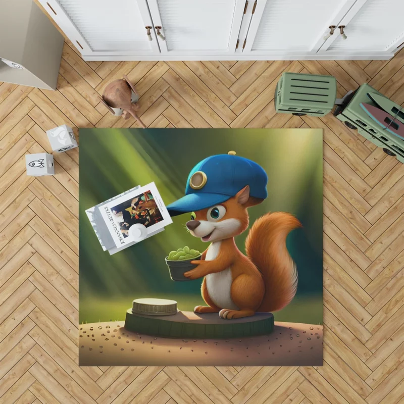 Cap-Wearing Squirrel in Cartoon Style Rug