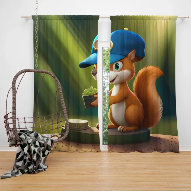 Cap-Wearing Squirrel in Cartoon Style Window Curtain