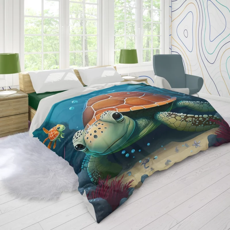 Cartoon Turtle Underwater with Friends Duvet Cover