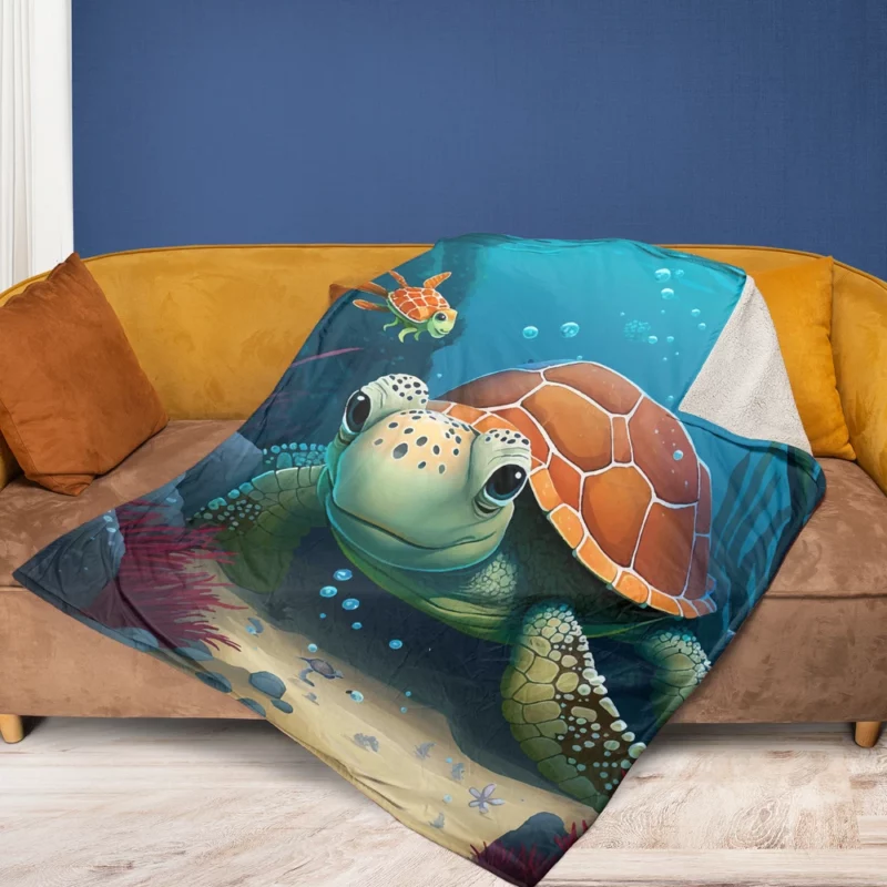 Cartoon Turtle Underwater with Friends Fleece Blanket 1