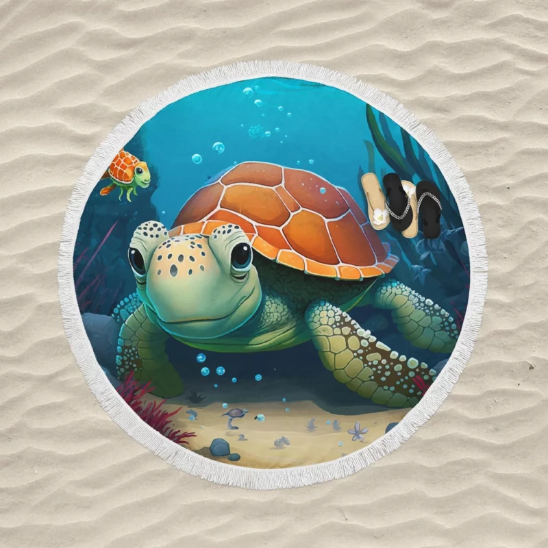 Cartoon Turtle Underwater with Friends Round Beach Towel